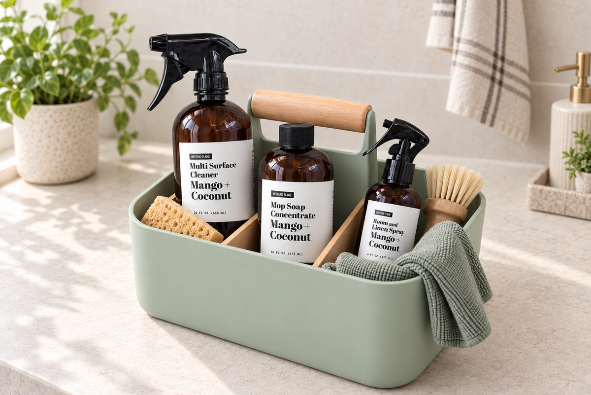 green cleaning caddy with all purpose cleaner, mop soap floor cleaner and room and linen spray.