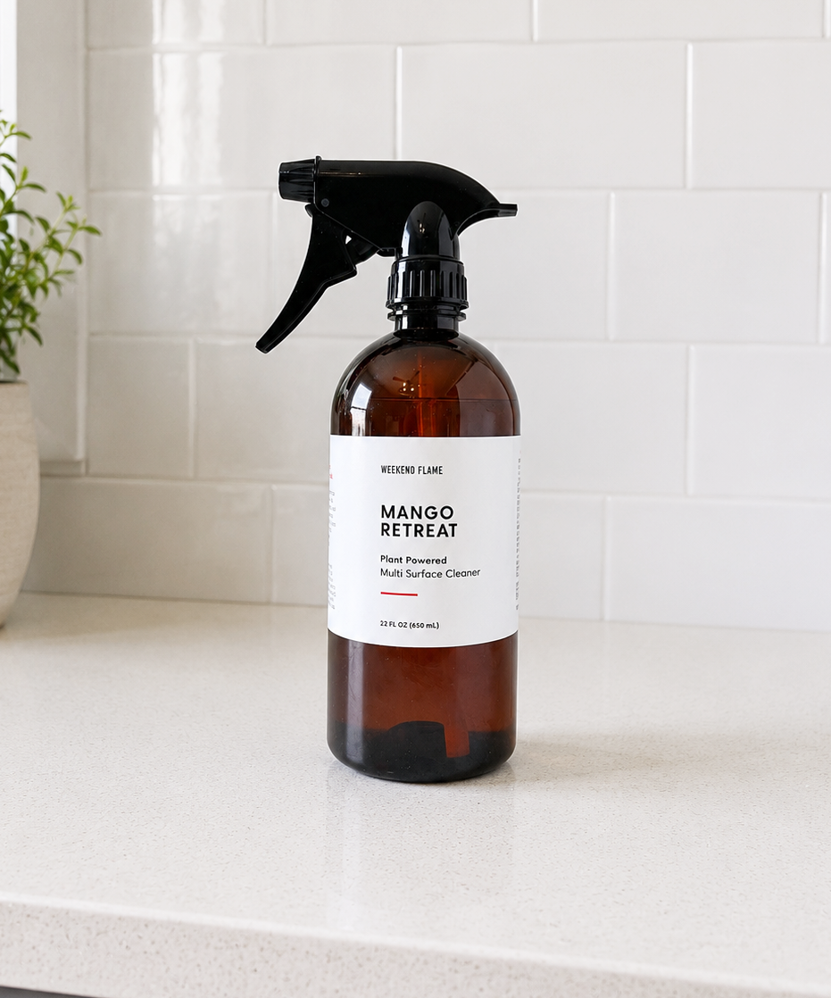 An amber plastic spray bottle of Mango Coconut Milk multi-surface cleaner with a black trigger sprayer and white label, set on a light countertop against a white subway tile wall.
