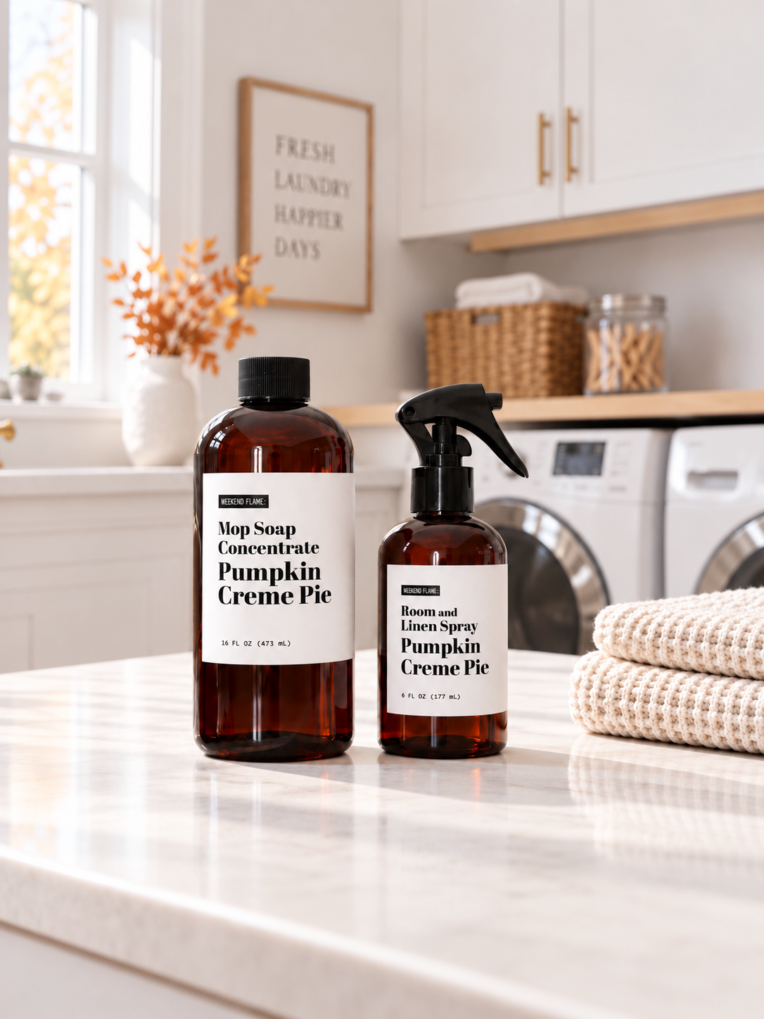 Two amber home fragrance products with black spray and cap tops and white labels, standing on a white marble counter in a bright laundry room. The larger bottle reads 'Mop Soap Concentrate Pumpkin Creme Pie' and the smaller spray bottle reads 'Room and Linen Spray Pumpkin Creme Pie'.