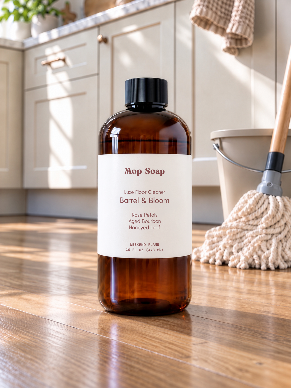 Barrel and Bloom mop soap 16 oz bottle with rose, bourbon, and cedarwood scent on kitchen floor next to mop and bucket.