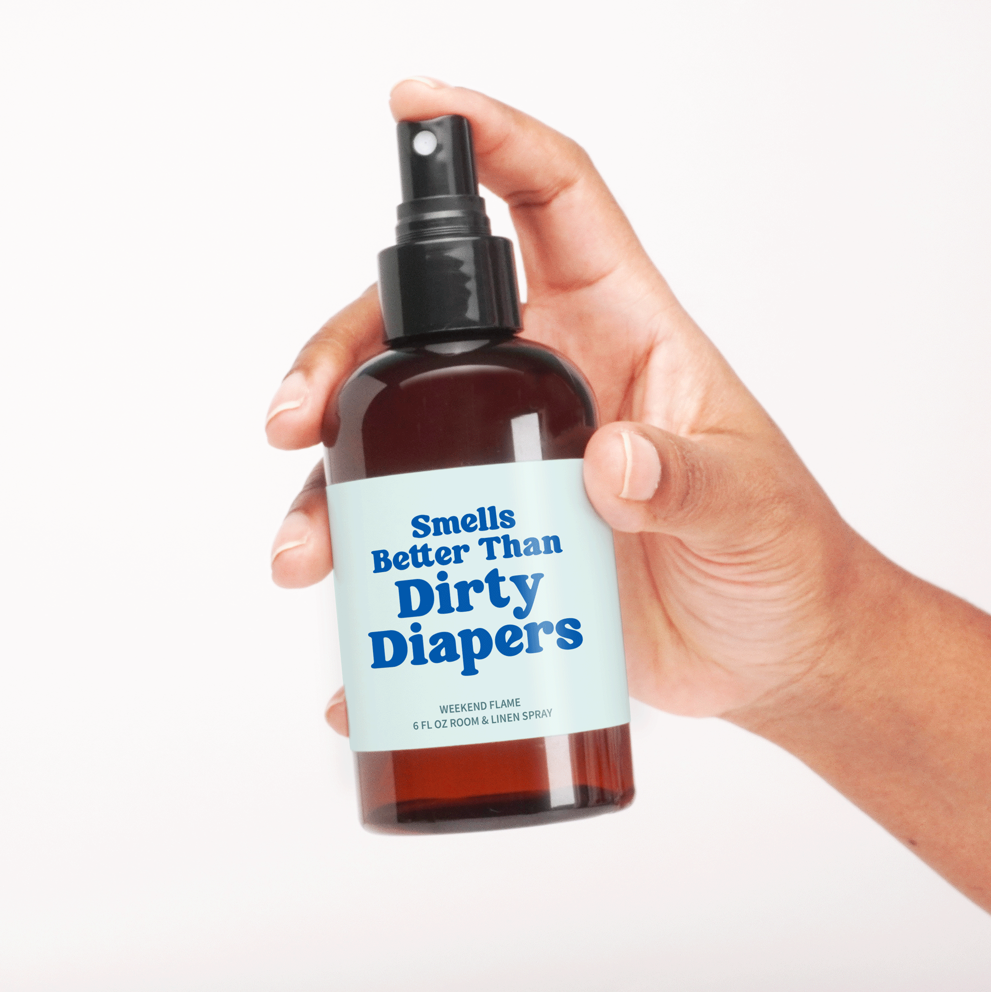 Fun room and linen spray label that reads smells better than dirty diapers.