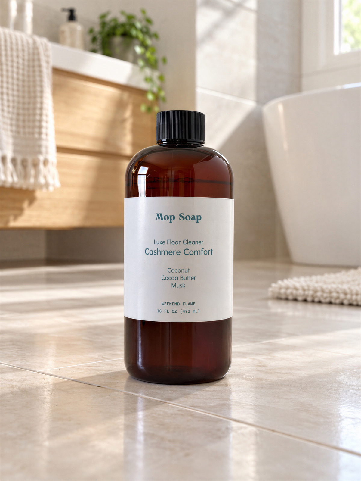 A bottle of Mop Soap luxury floor cleaner in Cashmere Comfort scent, placed on a light tiled bathroom floor with a bathtub and towels in the background.