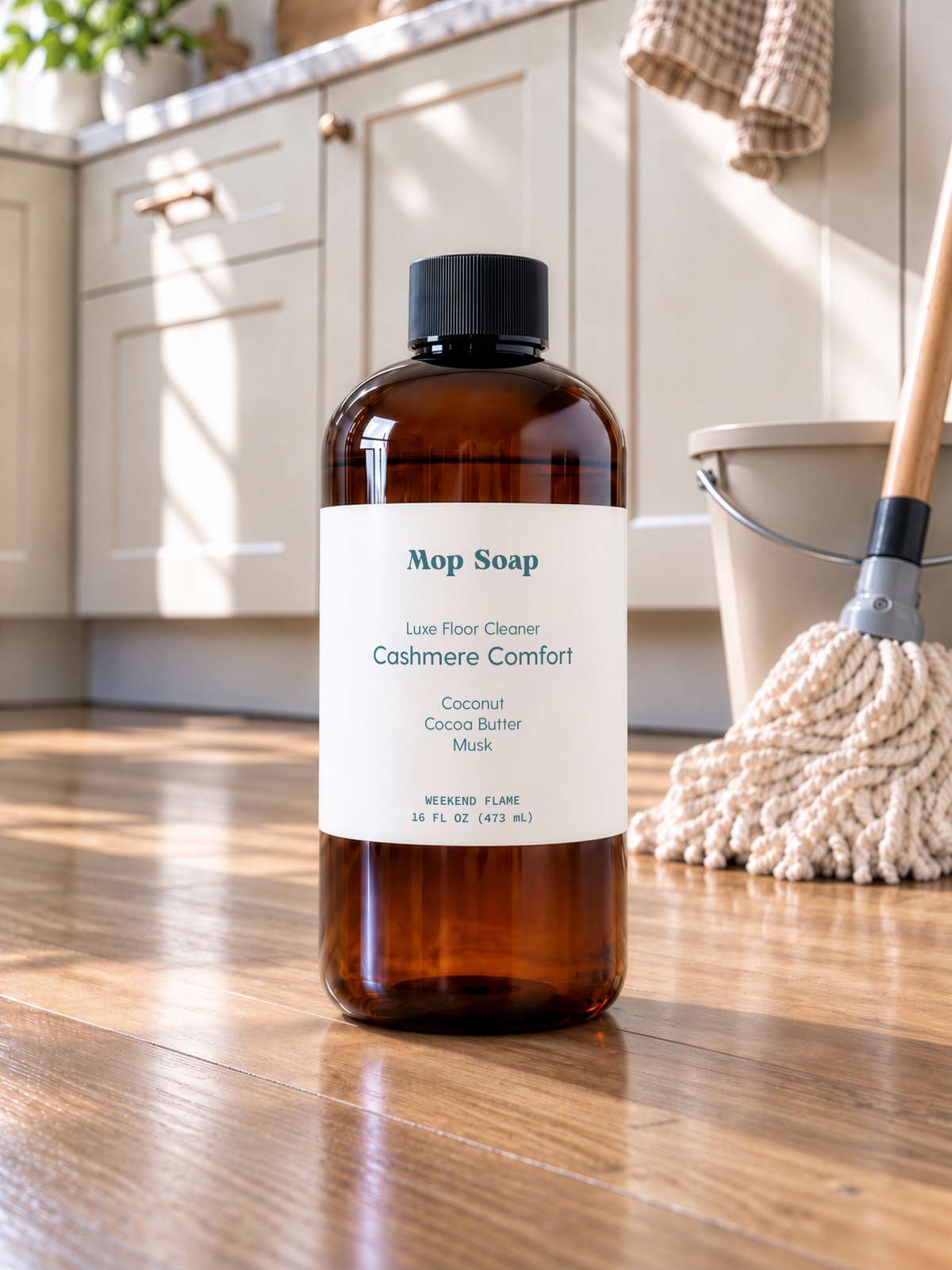 Cashmere Comfort scented mop soap floor cleaner 16 oz bottle on kitchen floor next to mop and bucket.