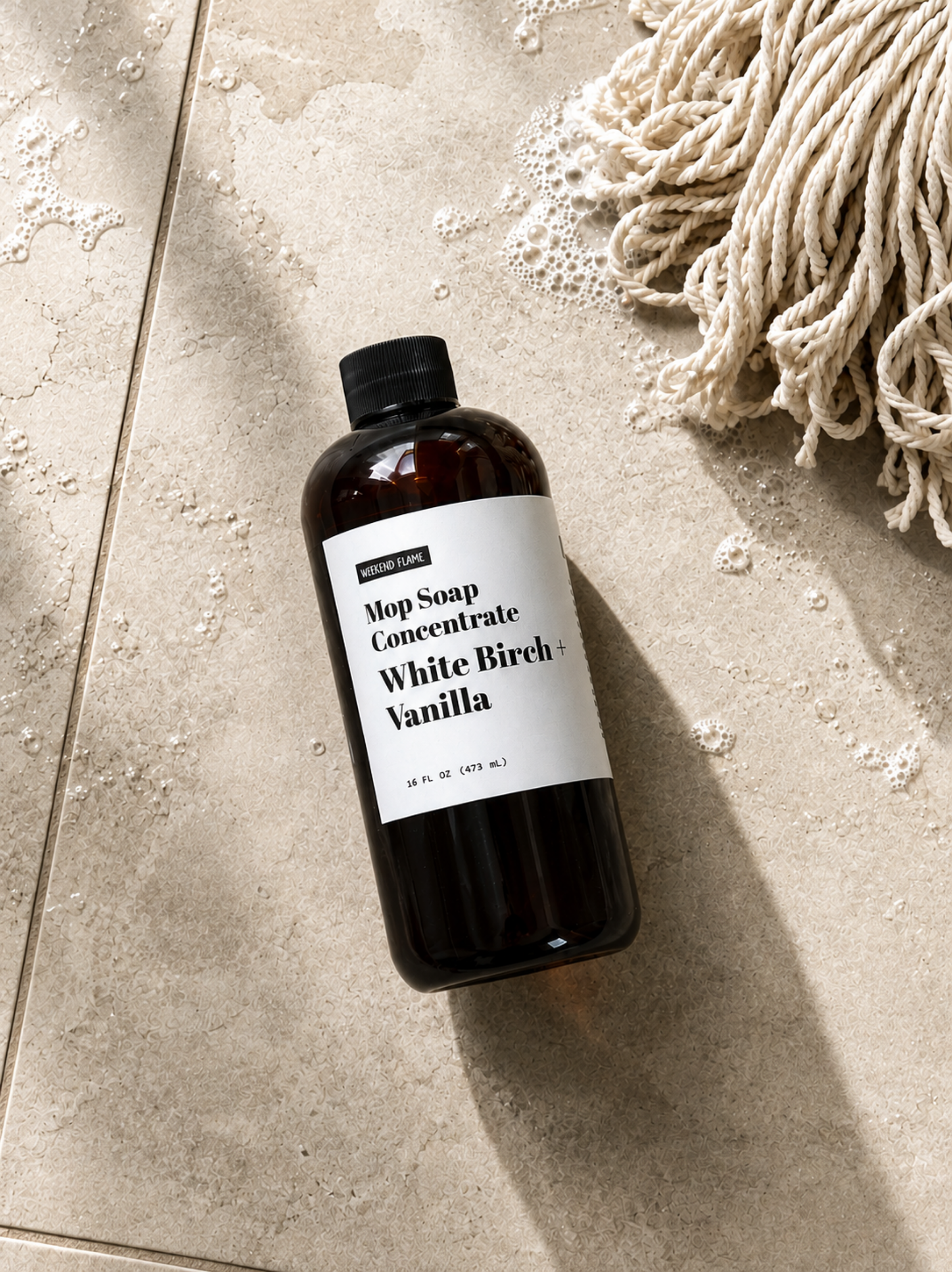 A dark amber bottle of Mop Soap Concentrate in White Birch + Vanilla scent, styled on a beige stone floor next to a rope mop head with soap foam scattered around.