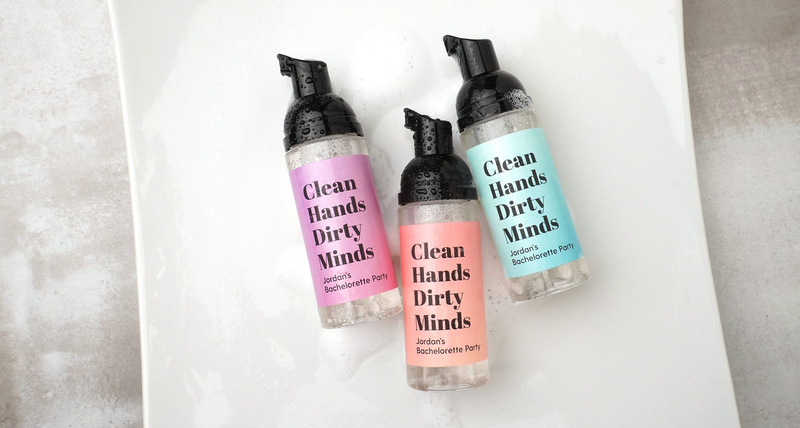 mini foaming hand soap with bachelorette party labels that read clean hand dirty minds
