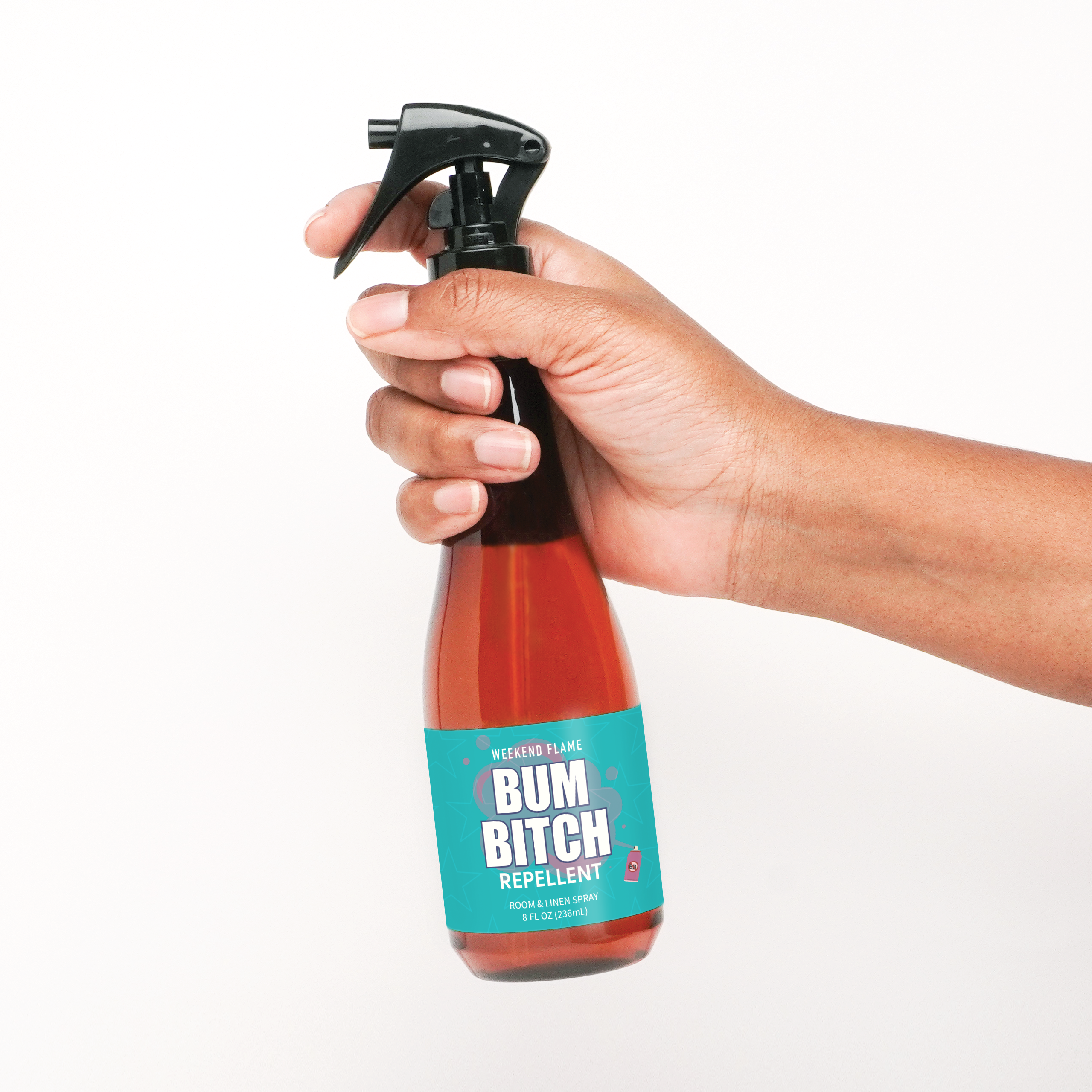 Anti-Valentines Day themed room and linen spray with teal label and white text that reads bum bitch repellent