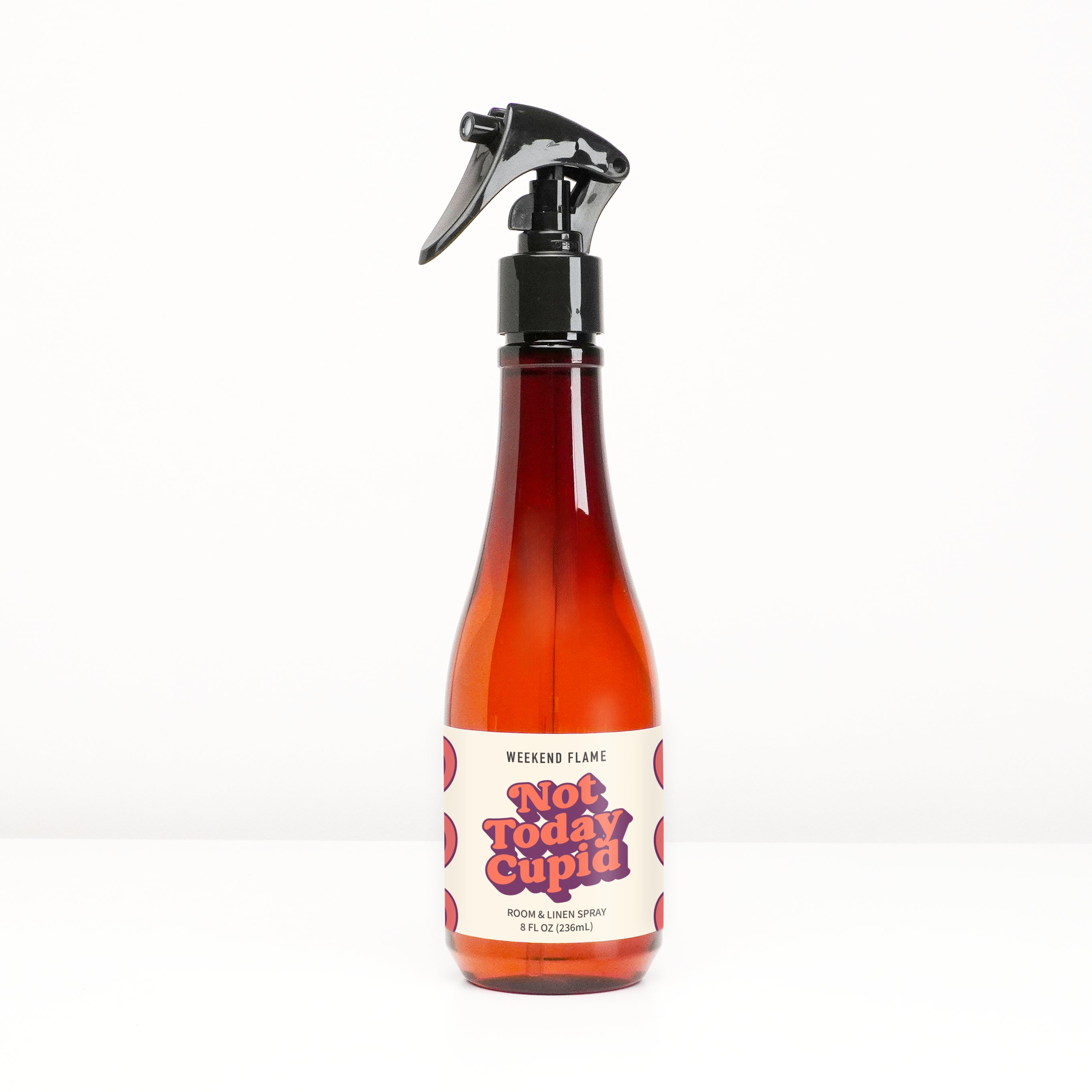 Anti-Valentines Day themed room and linen spray with retro label that reads Not Today Cupid