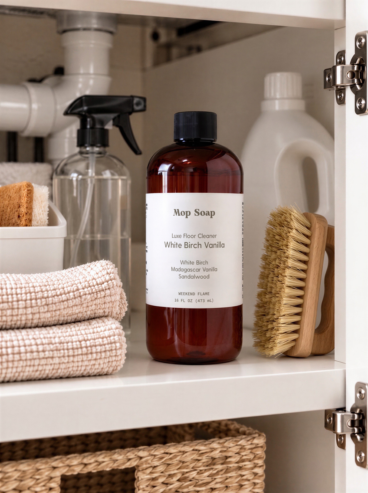 A bottle of Mop Soap 'White Birch Vanilla' floor cleaner displayed on a white bathroom cabinet shelf alongside a spray bottle, folded towels, a wooden brush, and a woven basket.
