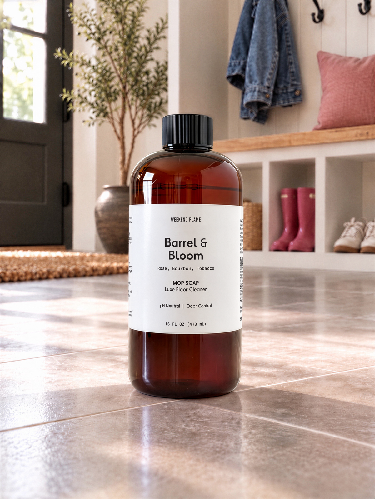 Scented mop soap on mud room floor. Barrel and Bloom scent rose, bourbon and tobacco.