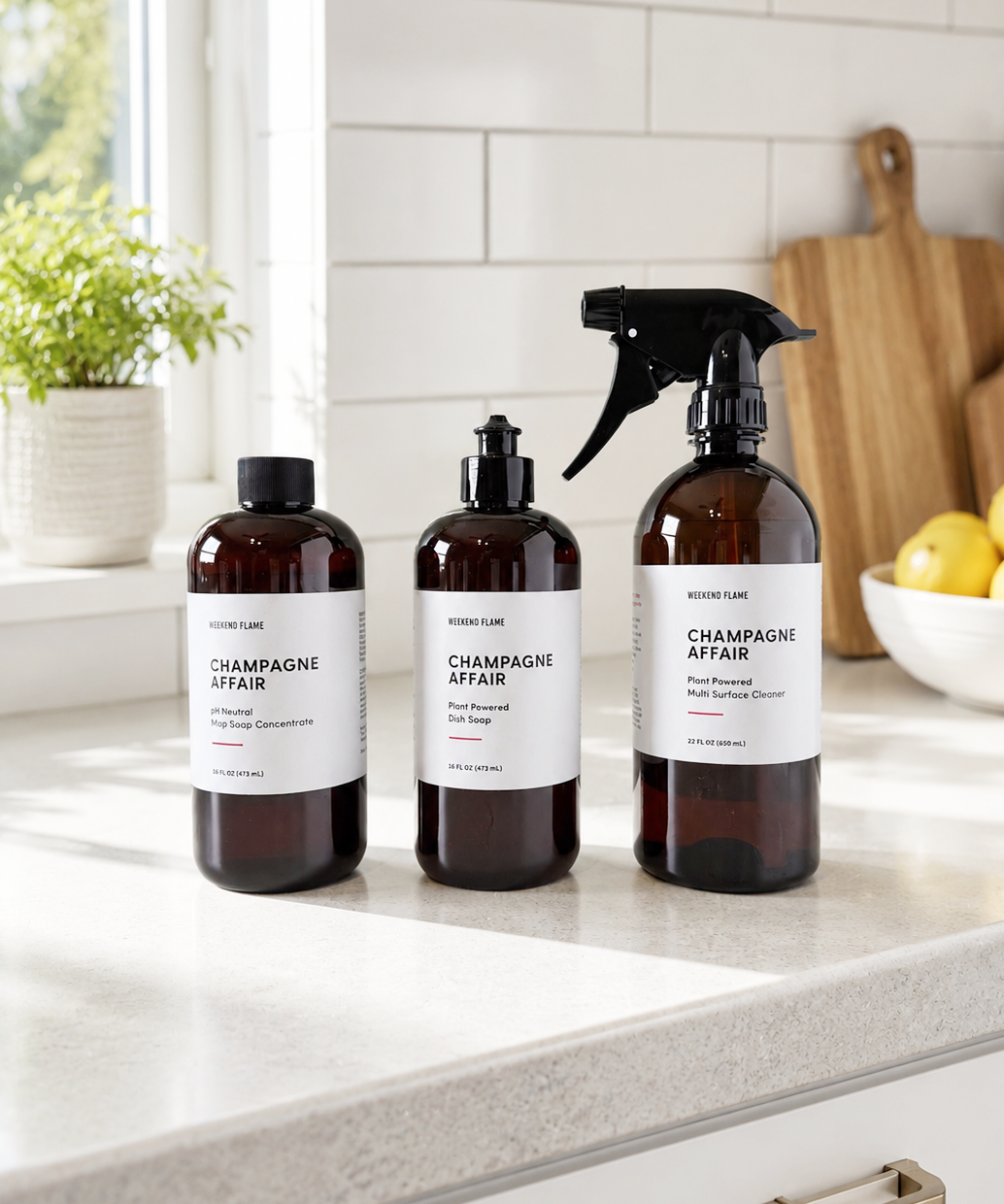 Three amber cleaning bottles with white labels including scented mop soap, dish soap and multi surface cleaner arranged on a light stone kitchen counter with a window, plant, and wooden cutting board in the background.