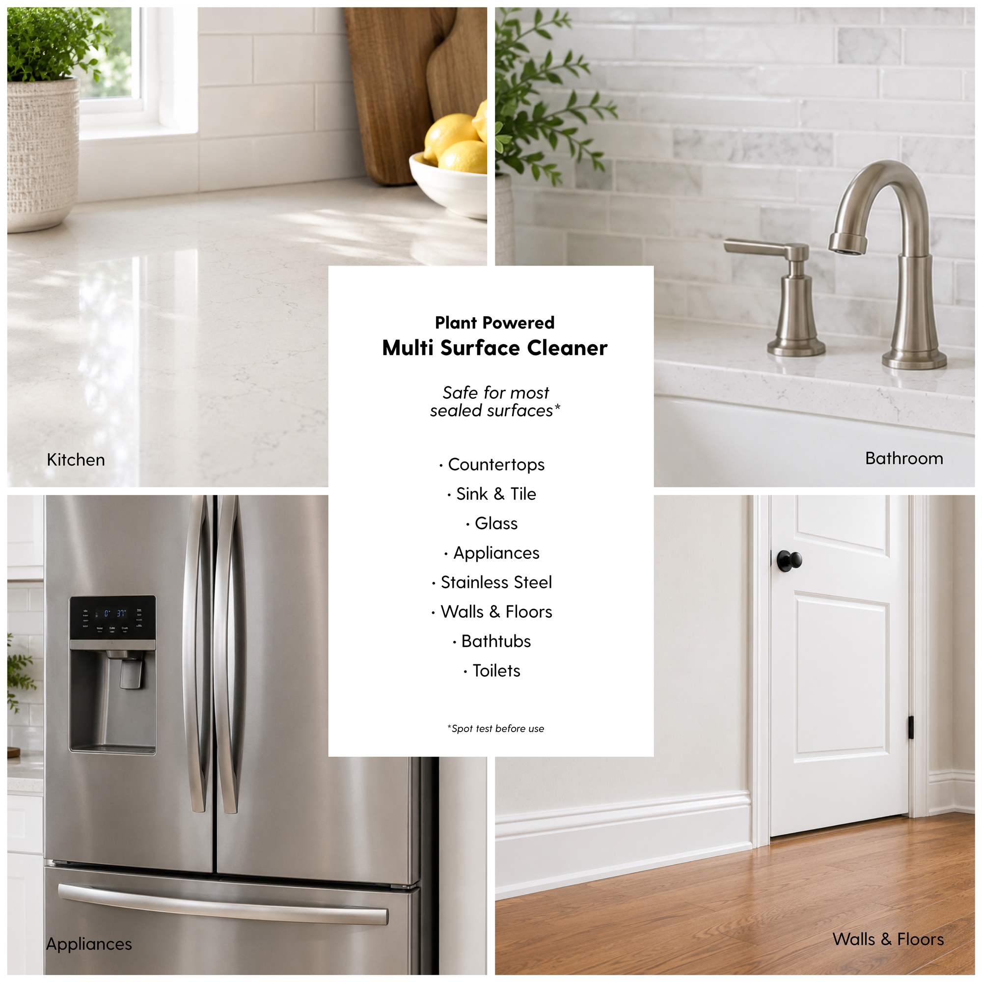 A 4-panel collage showing a plant-powered multi surface cleaner being used on kitchen countertops, a bathroom faucet, appliances, and walls/floors, with a central text panel describing the cleaner's use.