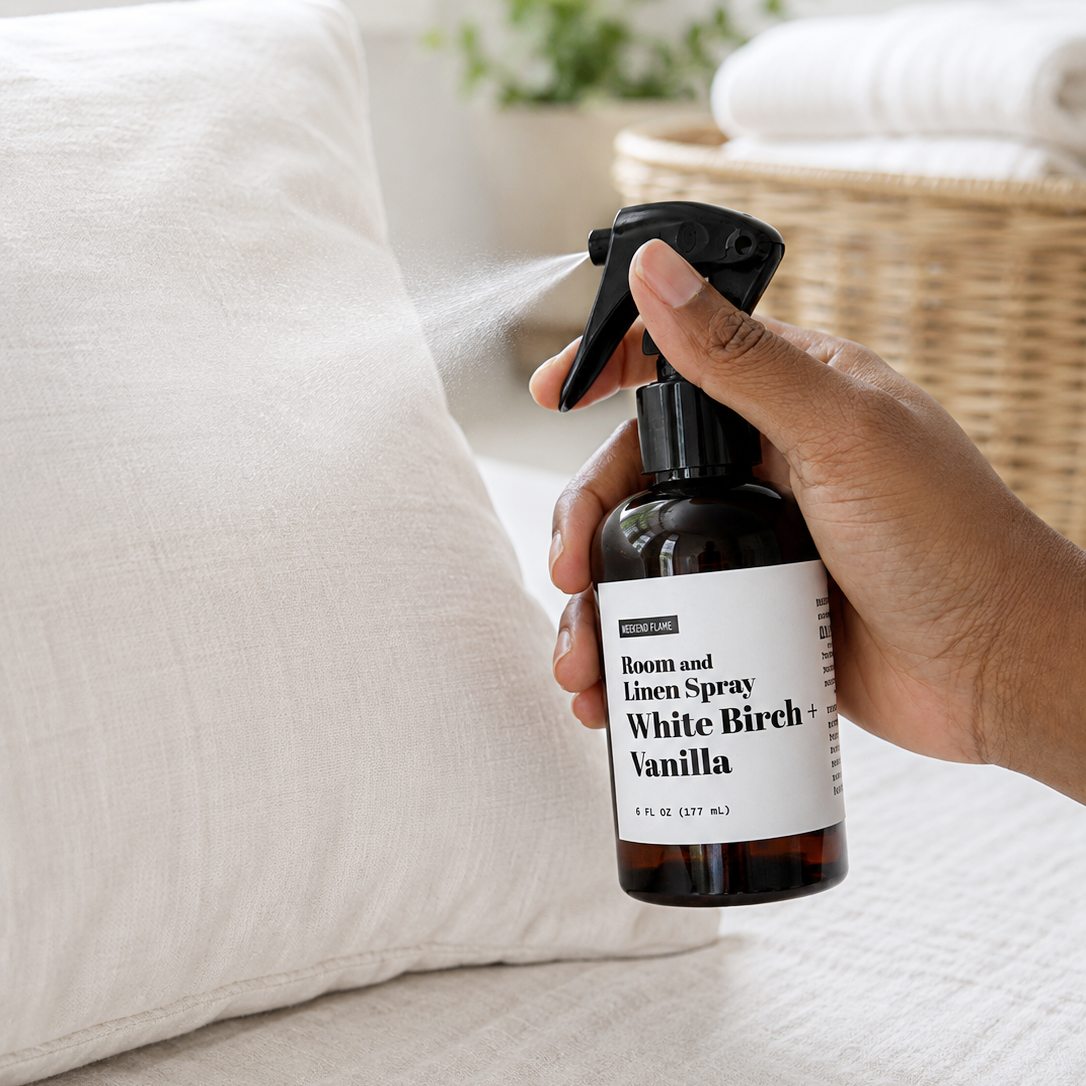 A hand holding a room and linen spray bottle labeled 'White Birch + Vanilla' while spraying a white pillow in a softly lit bedroom setting.