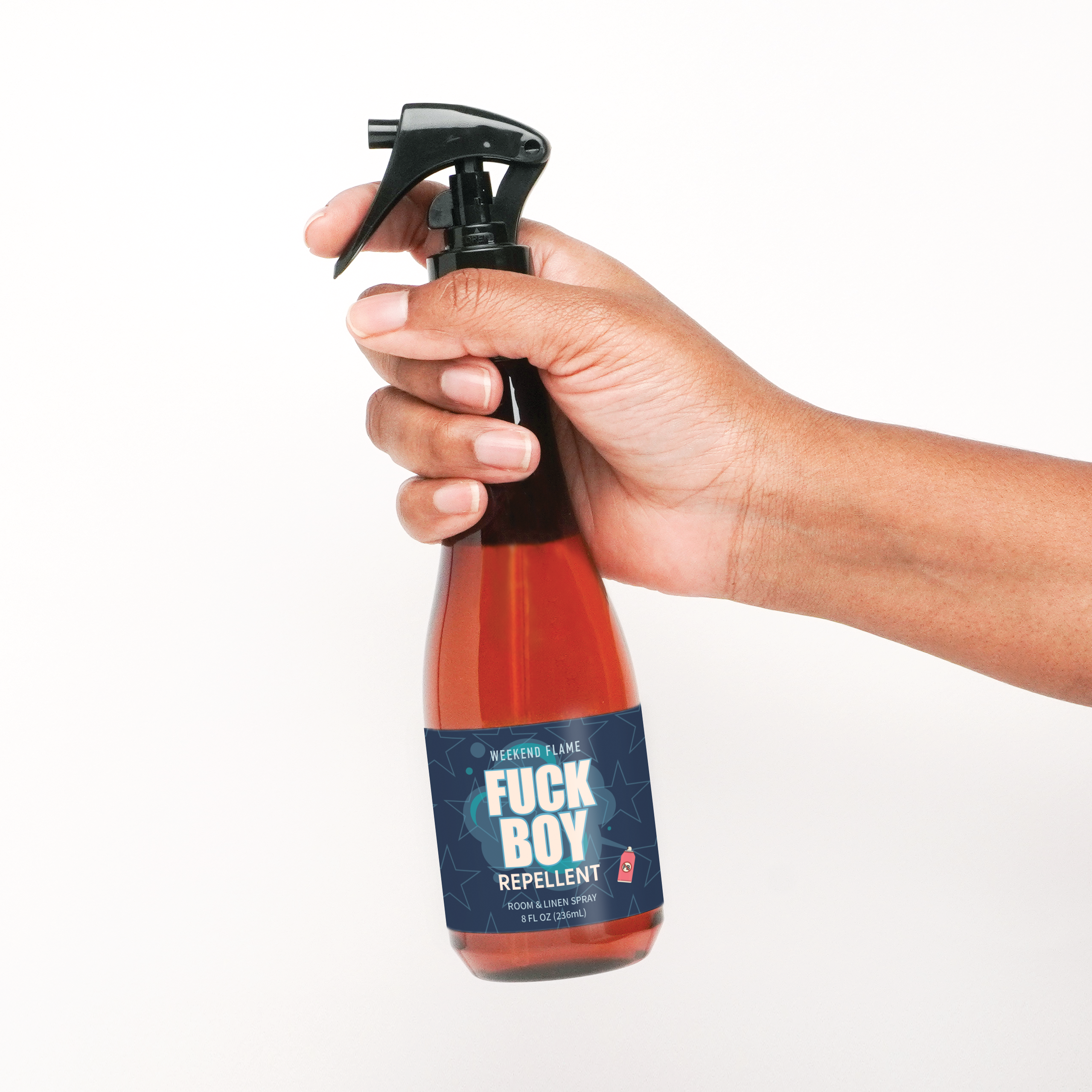 Anti Valentines Day themed room and linen spray with blue label that Fuck Boy Repellent