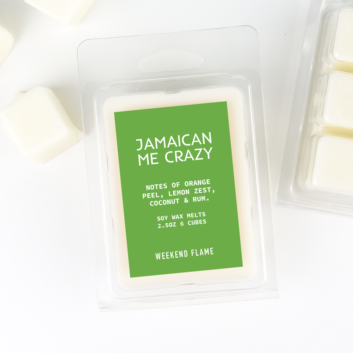 Jamaican Me Crazy soy wax melts. A vibrant blend of tropical scents that transport you to the sunny beaches of Jamaica.