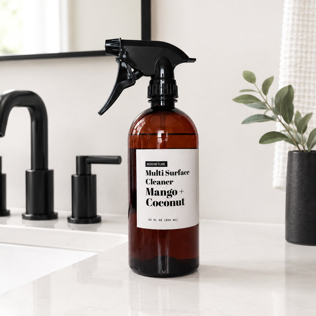 end Flame scented multi surface cleaner spray on a clean modern bathroom counter for everyday surface cleaning.