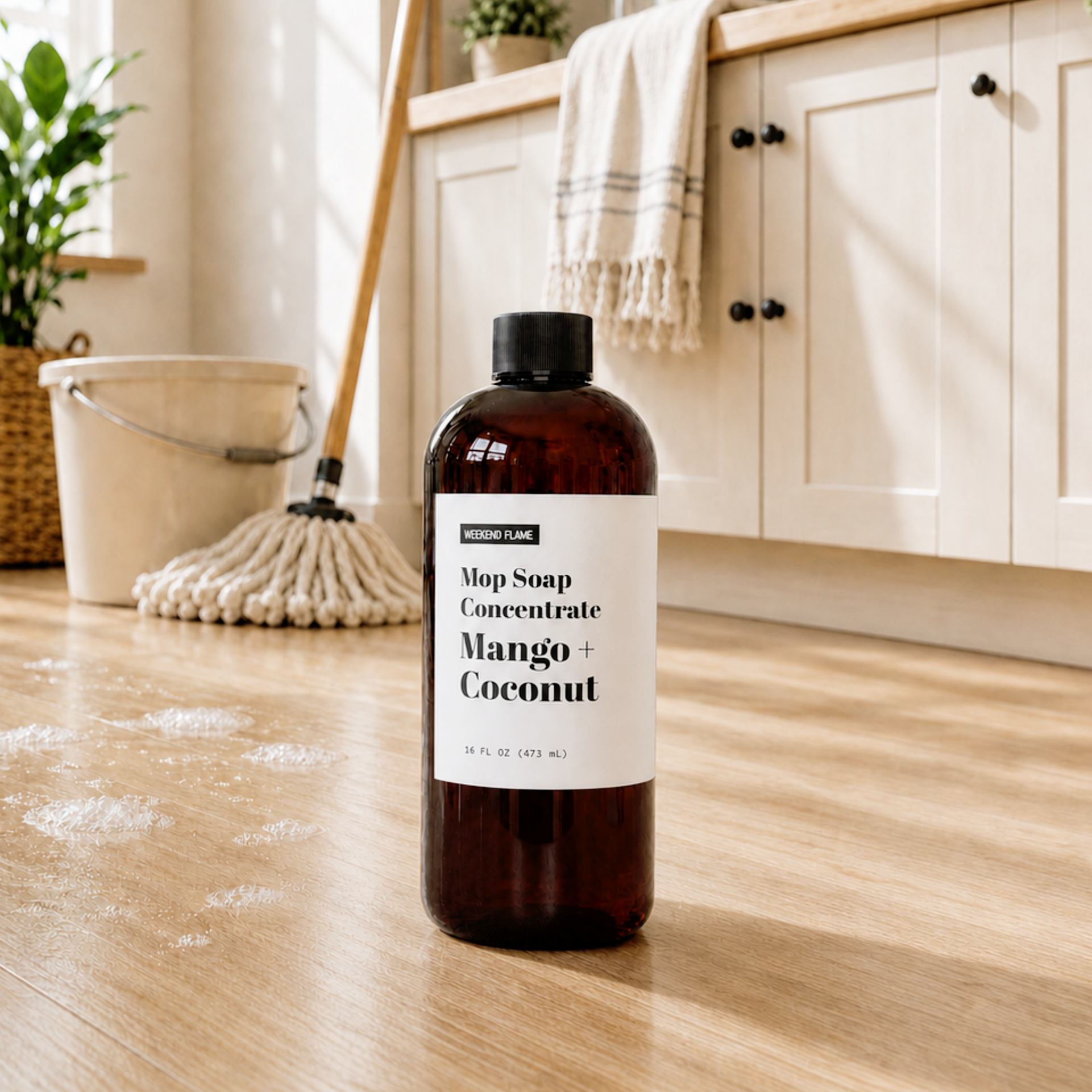 A bottle Mango + Coconut Mop Soap Concentrate stands on a light wood floor in a bright, clean laundry room setting with white cabinets, a towel, and a mop in the background.