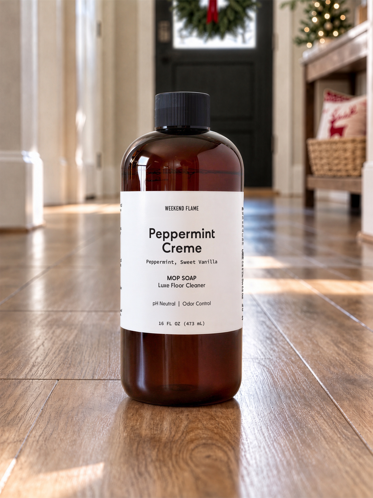 peppermint candy cane scented 16oz mop soap on hallway floor. 