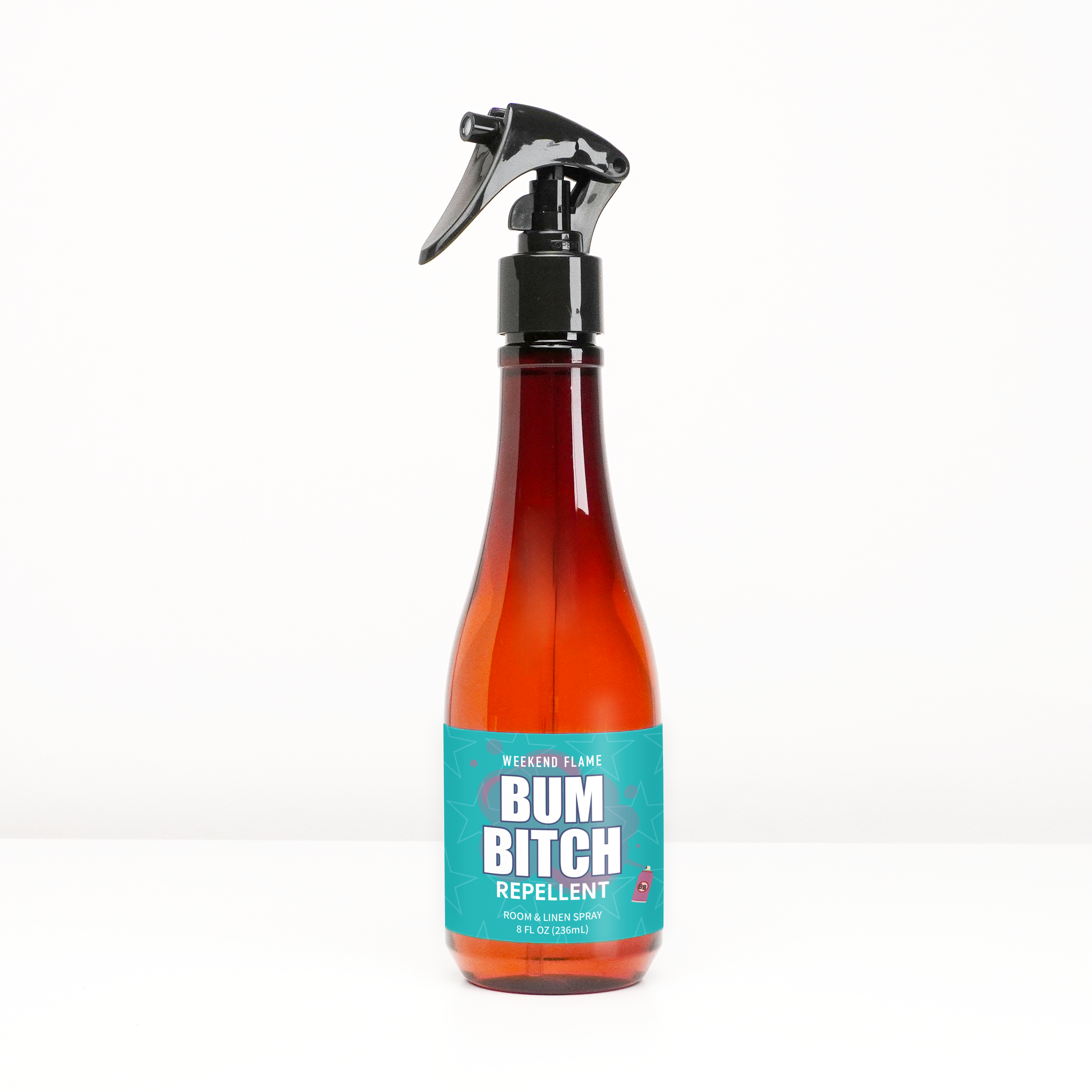 Anti-Valentines Day gift room and linen spray with teal label and white text that reads bum bitch repellent