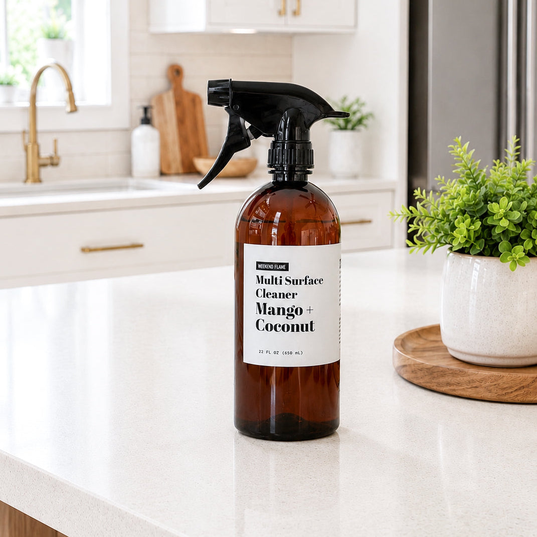 Custom scented multi surface cleaner spray on a bright modern kitchen counter for everyday cleaning.