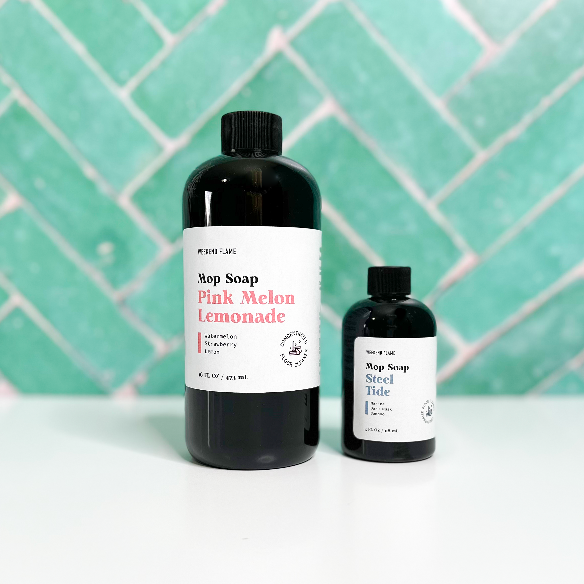 Scented mop soap in 16 oz and 4 oz bottles for floor cleaning