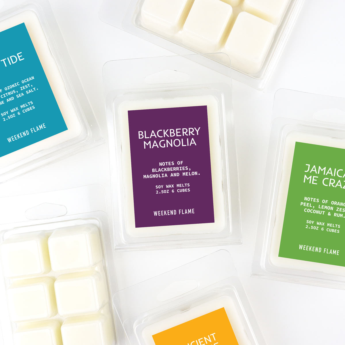 Four scented wax melts in clear containers: lavender, vanilla, citrus, and ocean breeze.