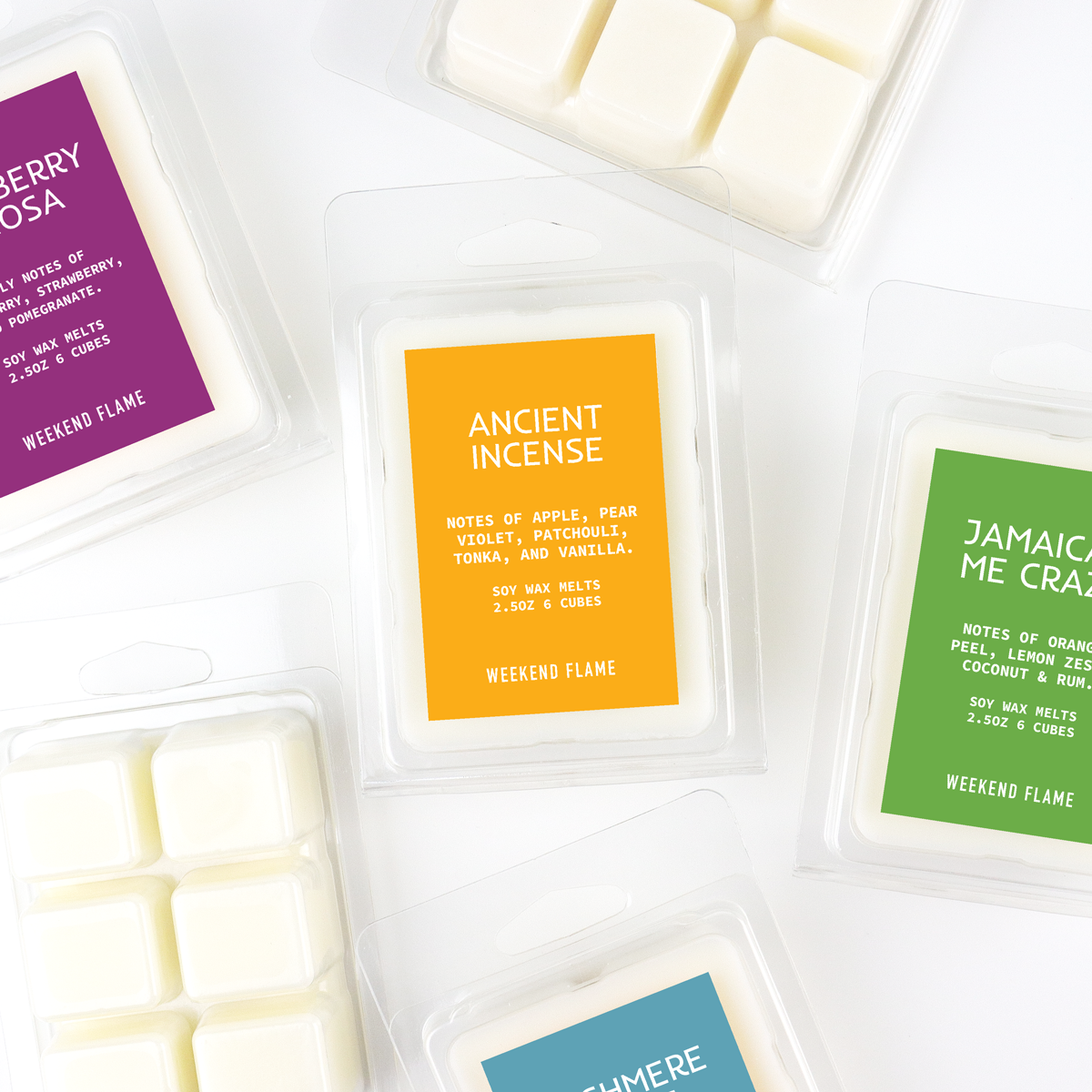 Four wax melts in various scents: lavender, vanilla, citrus, cinnamon, ocean breeze, and fresh linen.