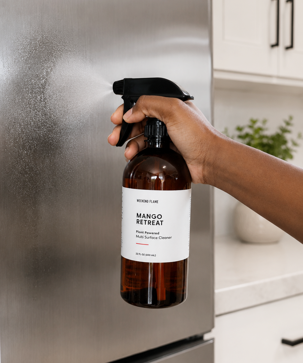 A hand holding a bottle of Weekend Flame Mango Retreat Multi Surface Cleaner against a stainless steel refrigerator in a kitchen setting.