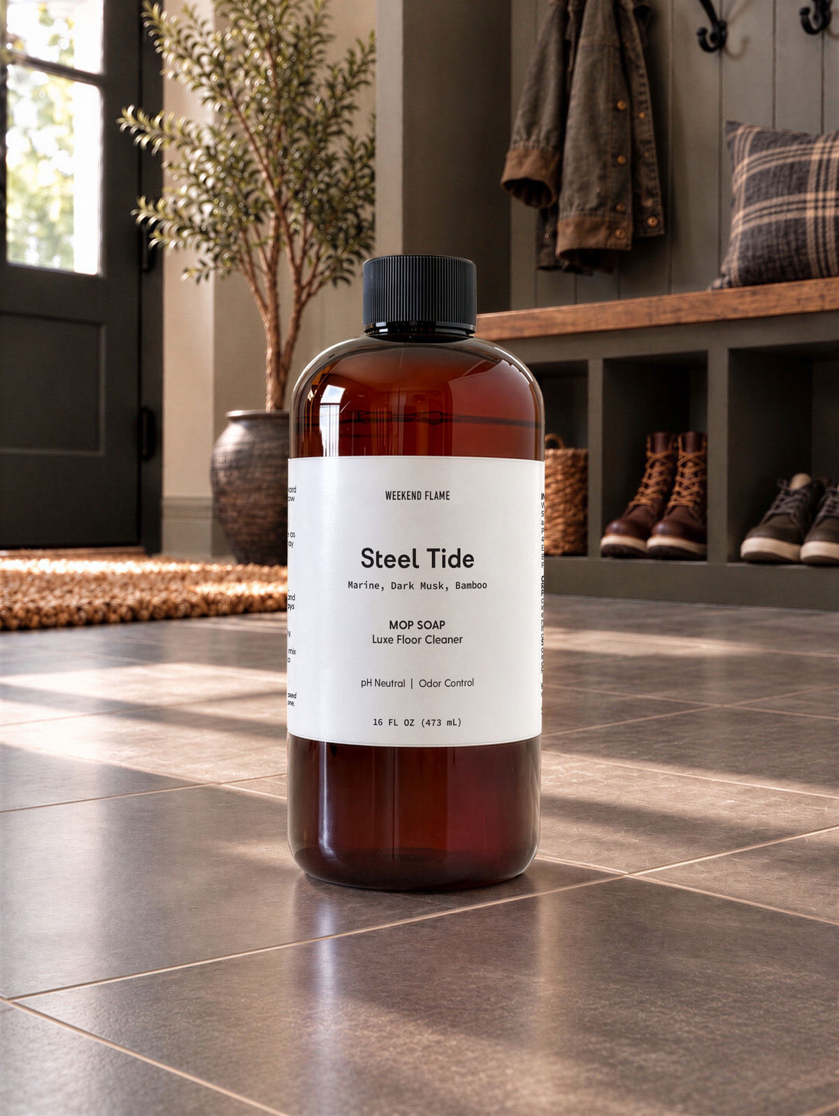 steel tide scented mop soap on mud room floor. 
