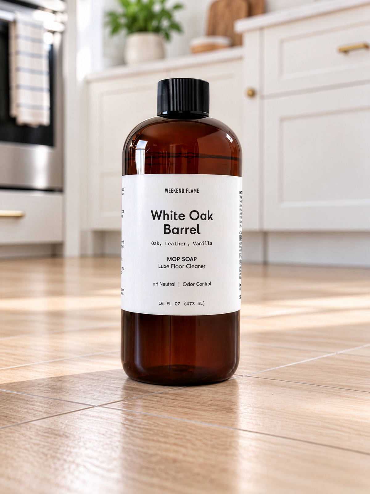 white oak barrel scented mop soap on kitchen floor