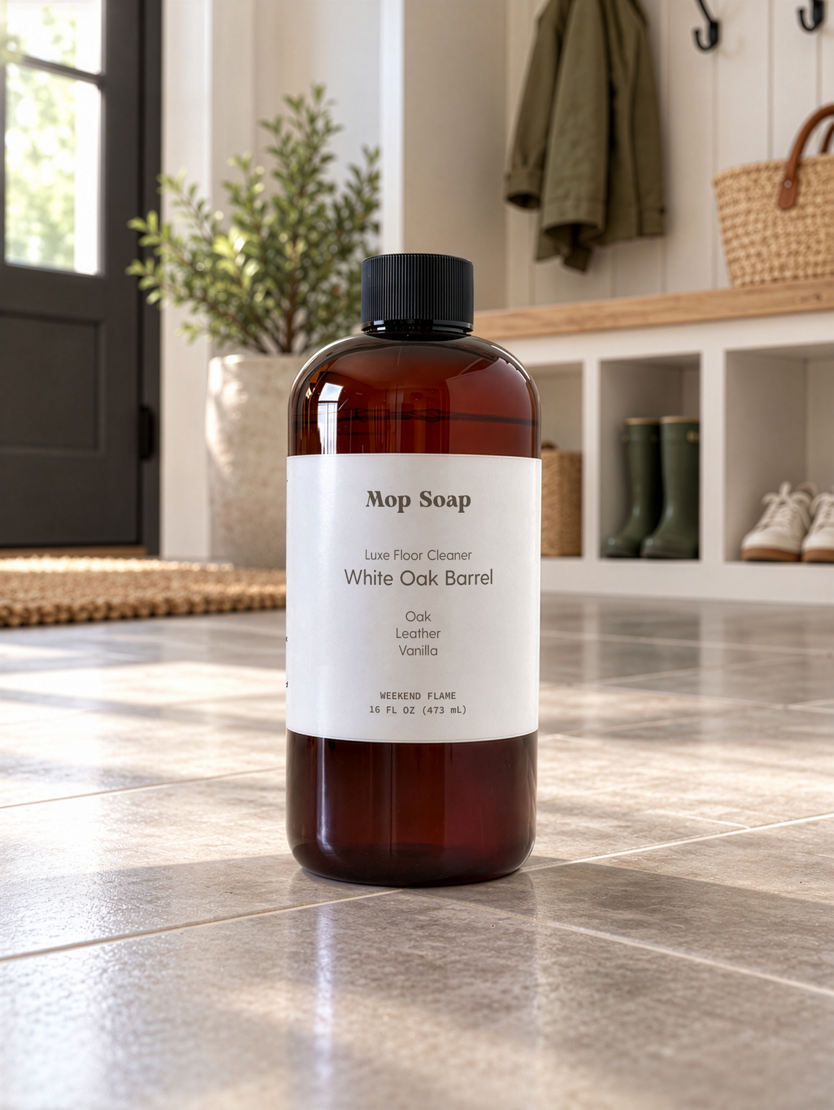 16oz bottle of White Oak Barrel scented Mop Soap floor cleaner on a tiled entryway floor.